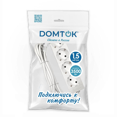 Удлинитель 4х1.5м с заземл. 16А IP20 3.5кВт ПВС 3х1 бел. DOMTOK 2394