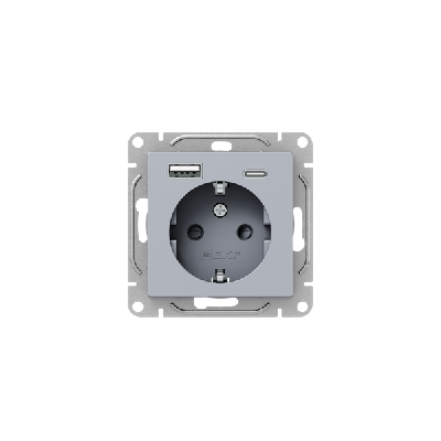 Розетка СП Эпика 16А с 2 USB-A+С с заземл. защ. шторки механизм алюм. EKF UP1-SOA-111-USBA+USBC