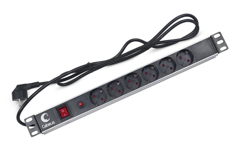 Блок евророзеток PDU-6P-F-2EU для 19дюйм шкафов горизонт. 6 розеток фильтр 16А выкл. шнур 2м алюм. корпус немецкий стандарт Cabeus 7296c