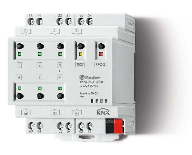 Актуатор KNX выход 6х16А контакты AgSnO2 монтаж на рейку 35мм; питание KNX 30В DC Ш=70мм IP20 FINDER 196K90304300