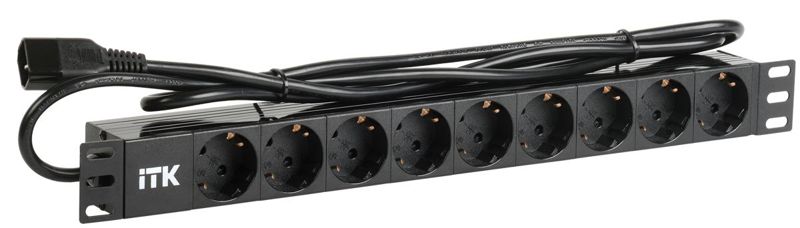 Блок розеток 9 мест PDU (немец. станд.) DIN 49440 алюм. профиль 1U шнур 2м; вилка IEC 320 C14; черн. ITK PH22-9D2