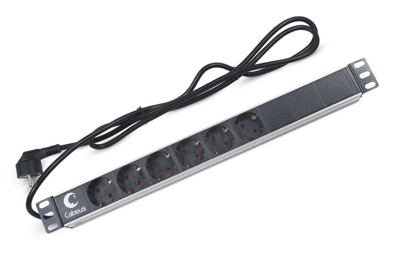 Блок розеток 6-м PDU-6P-2EU 16А горизонт. евро/немецк. стандарт без выкл. шнур 2м для 19дюйм шкафов алюм. Cabeus 7290c