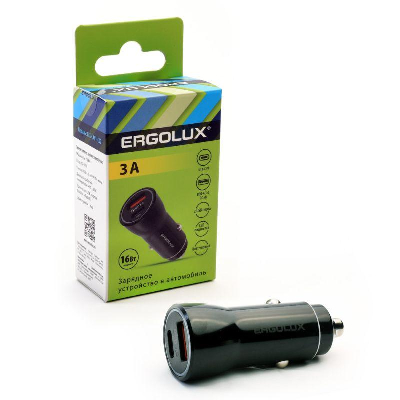 Адаптер автомобильный ELX-CA01-C02 1USB + 1Type C 12В 5В/3А LED коробка черн. ERGOLUX 15106
