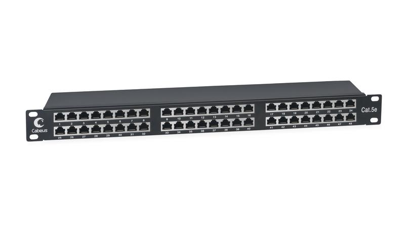 Патч-панель 19дюйм 1U 48 портов RJ45 кат.5E полностью экранир. Dual IDC высокой плотности Cabeus 8890c