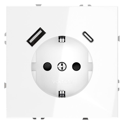 Розетка 1-м СП S70 16А с USB тип A+С механизм с заземл. защ. шторки бел. глянцевый Voltum VLS040501