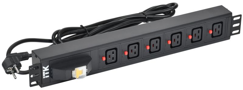 Блок розеток 6 мест PDU C19 с фиксатором вилки с автоматом на 16А 1.5U кабель 3м вилка нем. станд. алюм. профиль черн. ITK PH21-06C19-11