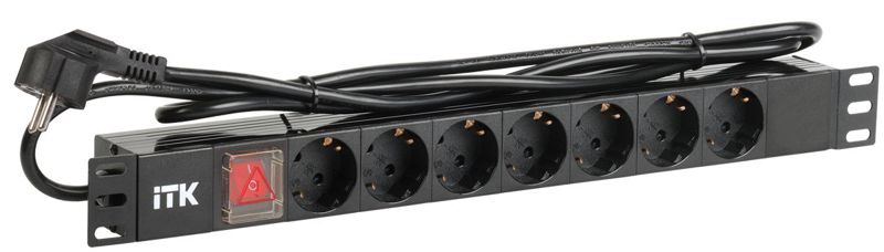 Блок розеток 7 мест PDU (немец. cтанд.) DIN49440 с LED выкл. 1U шнур 2м вилка DIN49441 профиль ПВХ черн. ITK PH12-7D1-P