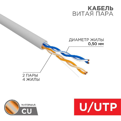 Кабель витая пара U/UTP кат.5E 2х2х24AWG solid CU PVC сер. (м) Rexant 01-0023-R