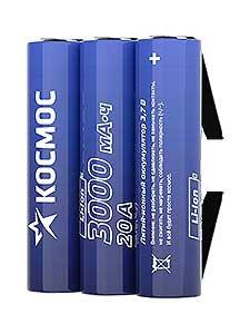 Аккумулятор Li-ion 18650 3000мА.ч без защиты с выводами под пайку (уп.3шт) КОСМОС KOC18650Li30PAS3