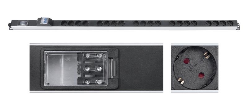 Блок розеток 20-м PDU-16-20S-B-T 16А вертикал. для 19дюйм шкафов Schuko автомат защиты клеммная колодка алюм. Cabeus 9548c