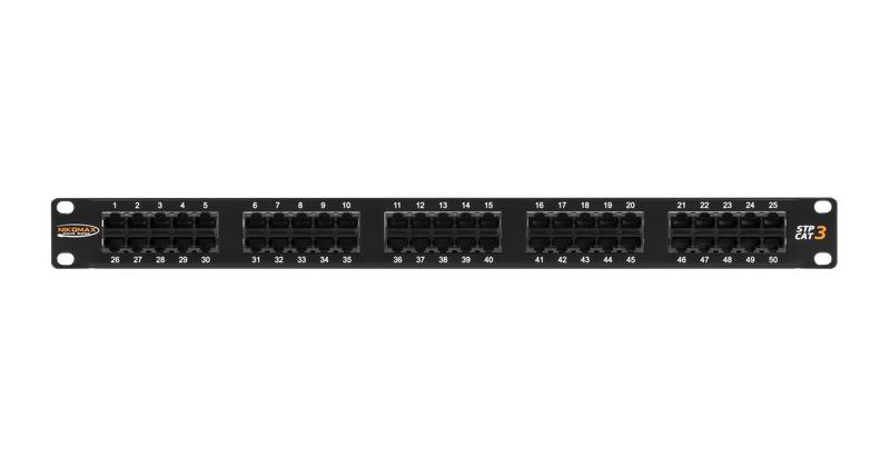 Панель коммутационная 19дюйм 1U телефон.50 портов кат.3 класс C 16МГц RJ45/8P6C110/KRONE с заземл. с органайзером черн. NIKOMAX NMC-RP50UC3-1U-BK