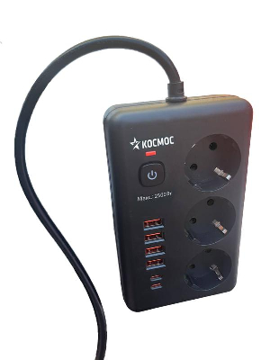 Удлинитель с сетевым фильтром 3х1.5м 10А 4USB + 2USBC 2500Вт ПВС 3х1 прямоуг. черн. КОСМОС FKsm1.5m-3gPF(B)USB