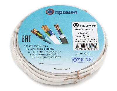 Шнур ШВВП 2х0.75 380В Б (бухта 5м) (шт) ПромЭл 13321720