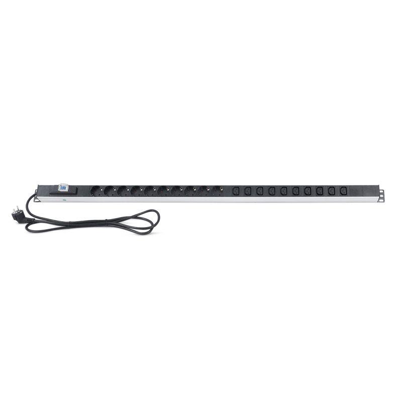 Блок распределения питания PDU 10 розеток СЕЕ 7/4 Schuko 10 розеток C13 16А автомат защиты вилка СЕЕ 7/7 вертикал. шнур 2м корпус алюм. Rexant 04-0202-2
